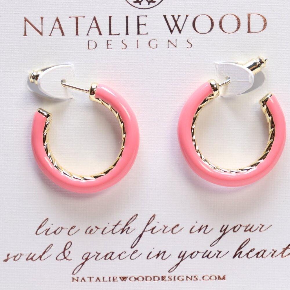 Natalie Wood Designs Gold Tone Pink Enamel Eclipse Hoop Earrings $46 New - Picture 2 of 3